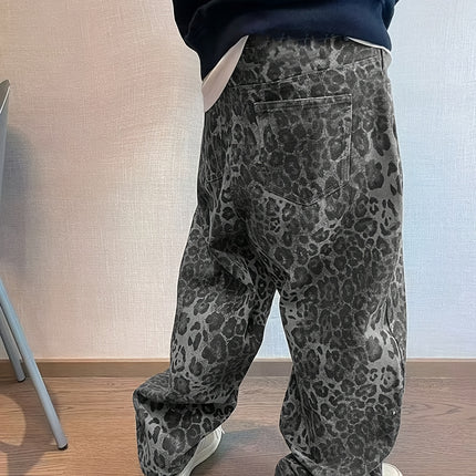 Trendy Amerikaanse Street Cool Luipaardprint Heren Jeans All-Season Nieuwe Vintage Losse Drape Versatile Wide-Leg Broek