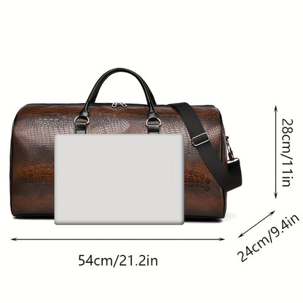 Vintage donkerbruine reistas van PU-kunstleer met krokodillenstructuur, zwarte handvatten en verstelbare schouderriem, 54 × 24 × 28 cm.