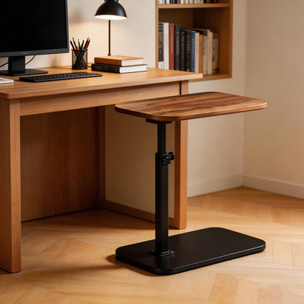 Verstelbare Bijzettafel met Houtlook Blad – 360° Draaibaar – In Hoogte Verstelbaar – Opklapbare Laptoptafel – Multifunctionele Salontafel – Zwart Metalen Onderstel – Bruin/Zwart/Wit