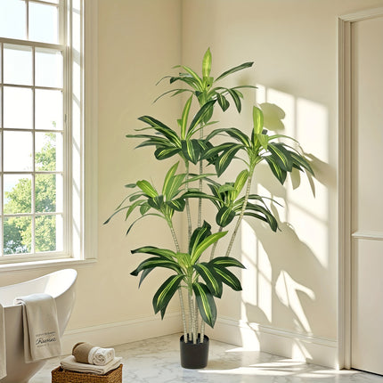 1 stuks Kunstmatige Dracaena Boom Verticale Hoogte 180Cm/6Ft - Nepboom met Witte Hoge Plantenbak - Nep Tropische Yucca Vloerplant in Pot - Kunstmatige Nep Braziliaans Hout Boom Braziliaans IJzer Boom Kunstboom voor Thuis Kantoor Woonkamer Decor Binnen
