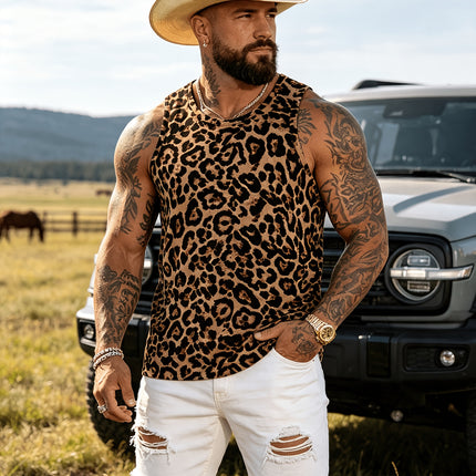 Nieuwe Lente/Zomercollectie: Modieuze en Ademende Sportieve Slim Fit Top voor Heren met Ronde Hals, Veelzijdig en Trendy met een Eenvoudige Luipaardprint