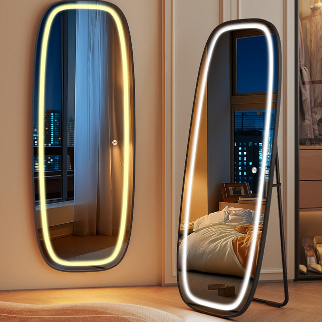 Zwarte ovale LED passpiegel 160x50 cm met geïntegreerde verlichting, 3 lichtkleuren en touchbediening, vrijstaand in moderne slaapkamer.