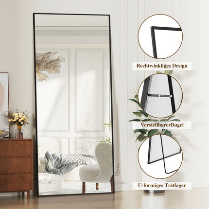 Grote zwarte staande passpiegel 172 x 78 cm met rechthoekig aluminium frame en gehard glas, vloerspiegel voor slaapkamer of woonkamer
