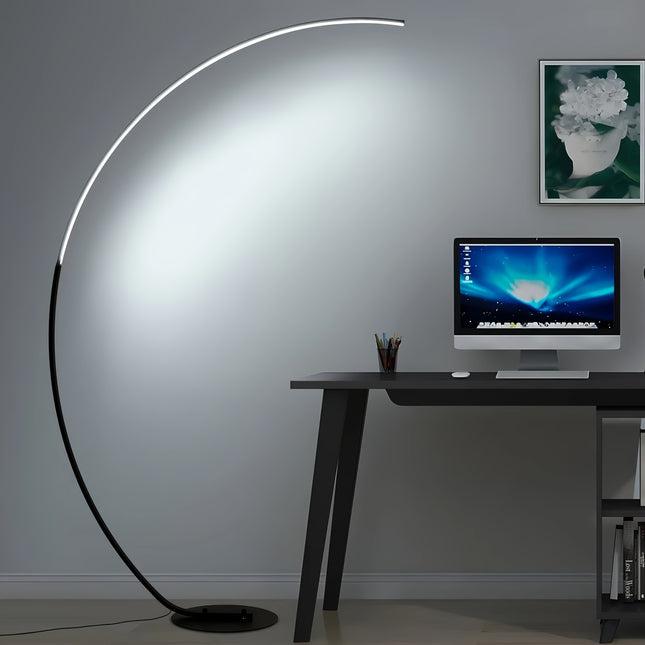 Zwarte moderne LED booglamp van 165 cm met slank gebogen metalen frame, ronde voet en geïntegreerde verlichting, dimbare staande vloerlamp voor woonkamer en slaapkamer.