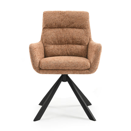 Zes draaibare eetkamerstoelen met armleuningen, gestoffeerde zitting, hoge rugleuning en zwarte metalen poten in licht taupe, donkerbruin, crèmewit, antracietgrijs, zandbeige en cognac.