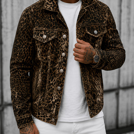 Ultra-coole spijkerjas, Amerikaanse High -stijl, heren lente/herfst gewassen luipaardprint trendy hiphop losvallende heren bovenkleding, winterjas heren