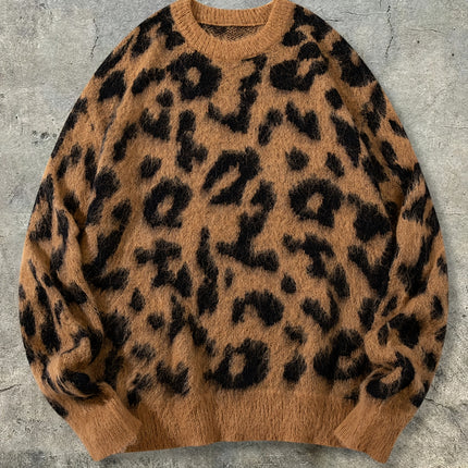 ANDREILEE Luipaardprint Lange Pluche Herentrui, Modieuze Streetstyle Trend, Veelzijdig voor Dagelijks Woon-werkverkeer, Pullover met Ronde Hals, Lange Mouwen, Losvallende Pasvorm, Herfst/Winter Gebreide Trui voor Heren