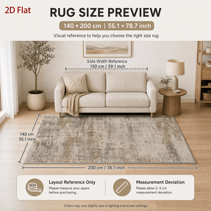 1 stuks Velvet 850G/㎡ 2D Plat Groot Formaat Tapijt, Retro Distressed Abstract Kunst Patroon Tapijt, Bruin Grijs Beige Kleur, Machinewasbaar, Anti-Slip Achterkant, Zacht En Comfortabel, Lichtgewicht En Duurzaam