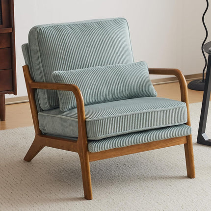 Retro Fauteuil Armstoel Beige Groen Blauw Ribstof – Houten Frame – Mid-Century Design Loungestoel