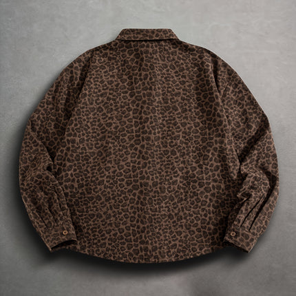 Heren Vintage Donker Patroon Amerikaanse Stijl Drop Shoulder Luipaardprint Lange Mouw Shirt Heren Herfst Lazy Style Blouse