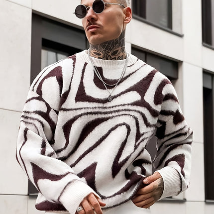 JANE DRESSINGLOG Herentrui met Abstracte Wervelprint - Gebreide Trui met Ruime Pasvorm Geschikt voor Herfst/Winter, Casual Pullover met Ronde Hals, Losgebreide Trui, Nachtclub- & Date-outfits, Herfst/Winter Gebreide Trui voor Heren