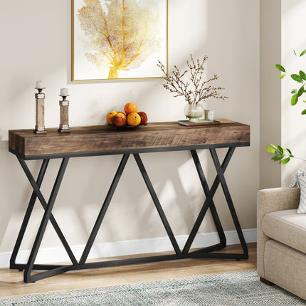Industriële sidetable MEGIVEZ van 140 cm breed met bruin houten tafelblad van 10 cm dik, zwart geometrisch metalen onderstel, 30 cm diep en 90,5 cm hoog.
