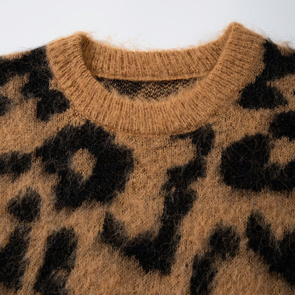 ANDREILEE Luipaardprint Lange Pluche Herentrui, Modieuze Streetstyle Trend, Veelzijdig voor Dagelijks Woon-werkverkeer, Pullover met Ronde Hals, Lange Mouwen, Losvallende Pasvorm, Herfst/Winter Gebreide Trui voor Heren