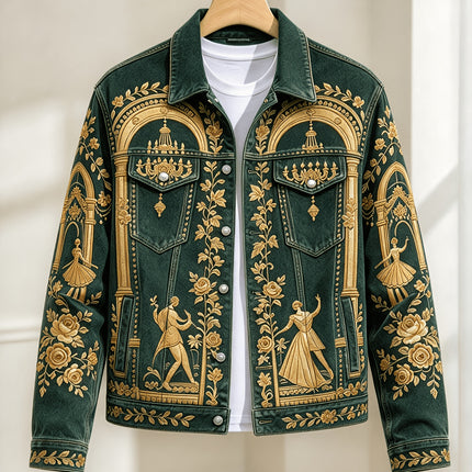 Herenjas in Vintage Court-stijl met donkergroene digitale print en omslagkraag, Casual kleding voor alle seizoenen, Perfect voor dagelijks woon-werkverkeer op straat en feestelijke gelegenheden
