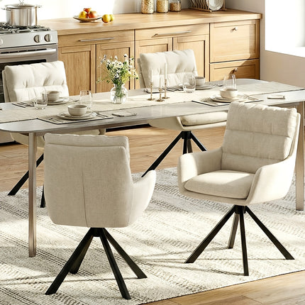 Zes draaibare eetkamerstoelen met armleuningen, gestoffeerde zitting, hoge rugleuning en zwarte metalen poten in licht taupe, donkerbruin, crèmewit, antracietgrijs, zandbeige en cognac.