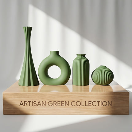 4 stuks Olijfgroene Kunst 3D Geprinte Vaas, Geometrisch Hol Verticale Streep Onbreekbaar Bloemvormig Vaas, Huis Desktop Decoratie Ornament