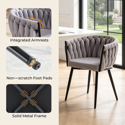 Set van 2 Luxe Eetkamerstoelen  – Fluweel met Geweven Rugleuning en Armleuningen – Ergonomische Stoelen met Zwarte Metalen Poten – Modern Design