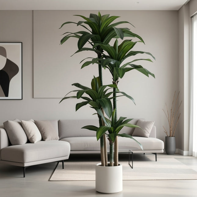 Realistische kunstplant Dracaena van 180 cm hoog met groene bladeren, meerdere stammen en beige plantenpot op witte achtergrond.