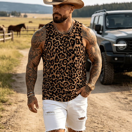 Nieuwe Lente/Zomercollectie: Modieuze en Ademende Sportieve Slim Fit Top voor Heren met Ronde Hals, Veelzijdig en Trendy met een Eenvoudige Luipaardprint