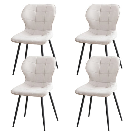 Lichtbeige gestoffeerde eetkamerstoel met linnen bekleding, ergonomische rugleuning, sierstiksels en zwarte metalen poten, verkrijgbaar als set van 4.