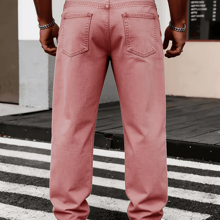 Heren Casual Losvallende Jeans met Rechte Pijpen, Modieuze Straatstijl Lichtroze Denim, Normale Lengte, Comfort voor Alle Seizoenen, Vrijetijdskleding