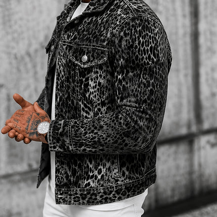 Ultra-coole spijkerjas, Amerikaanse High -stijl, heren lente/herfst gewassen luipaardprint trendy hiphop losvallende heren bovenkleding, winterjas heren