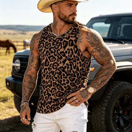 Nieuwe Lente/Zomercollectie: Modieuze en Ademende Sportieve Slim Fit Top voor Heren met Ronde Hals, Veelzijdig en Trendy met een Eenvoudige Luipaardprint