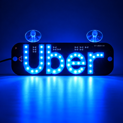 Uber LED verlicht identificatiebord voor auto met USB-aansluiting, aan/uit-schakelaar en twee zuignappen voor bevestiging aan de autoruit, inclusief groen verlicht Uber-logo.