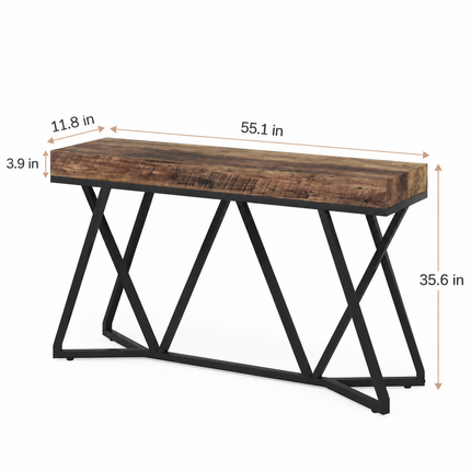 Industriële sidetable MEGIVEZ van 140 cm breed met bruin houten tafelblad van 10 cm dik, zwart geometrisch metalen onderstel, 30 cm diep en 90,5 cm hoog.