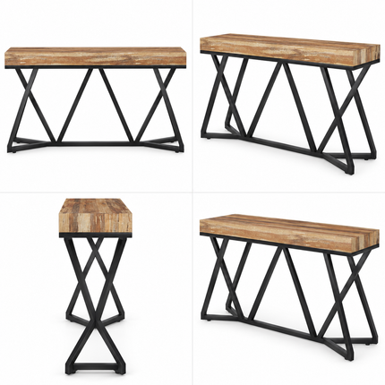 Industriële sidetable MEGIVEZ van 140 cm breed met bruin houten tafelblad van 10 cm dik, zwart geometrisch metalen onderstel, 30 cm diep en 90,5 cm hoog.