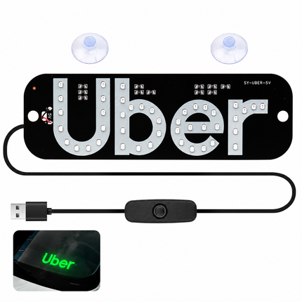 Uber LED verlicht identificatiebord voor auto met USB-aansluiting, aan/uit-schakelaar en twee zuignappen voor bevestiging aan de autoruit, inclusief groen verlicht Uber-logo.