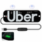 Uber LED verlicht identificatiebord voor auto met USB-aansluiting, aan/uit-schakelaar en twee zuignappen voor bevestiging aan de autoruit, inclusief groen verlicht Uber-logo.