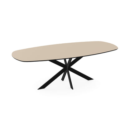 Melamin-Esstisch beige - dänisch oval mit dünnem schwarzem Gestell