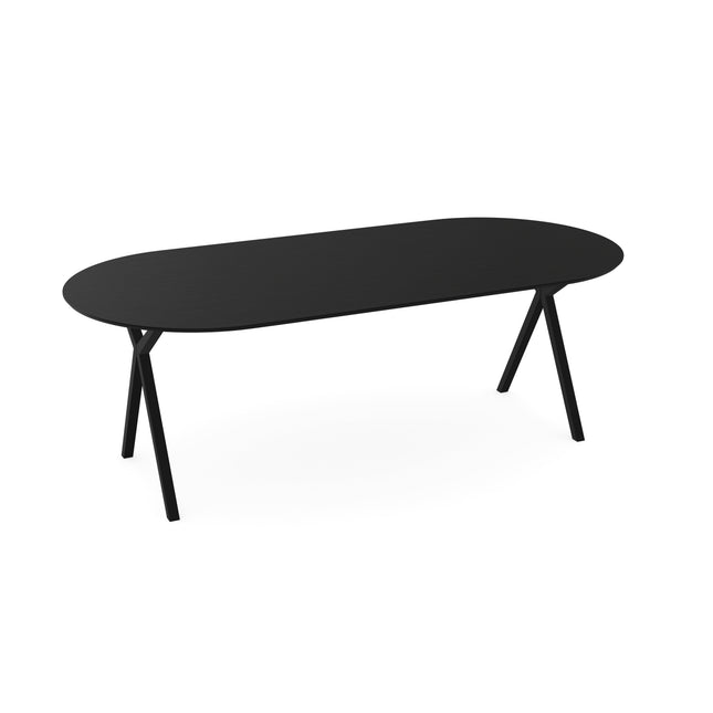 Melamin-Esstisch Eiche schwarz - flach oval - Scissor-Gestell