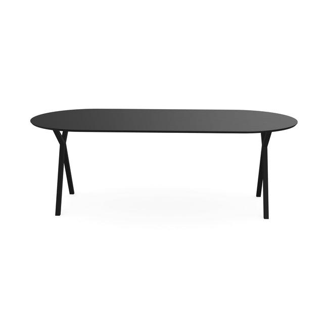 Melamin-Esstisch Eiche schwarz - flach oval - Scissor-Gestell