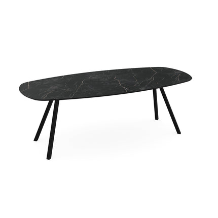 Melamin-Esstisch Marmor schwarz - dänisch oval - schräges I-Gestell