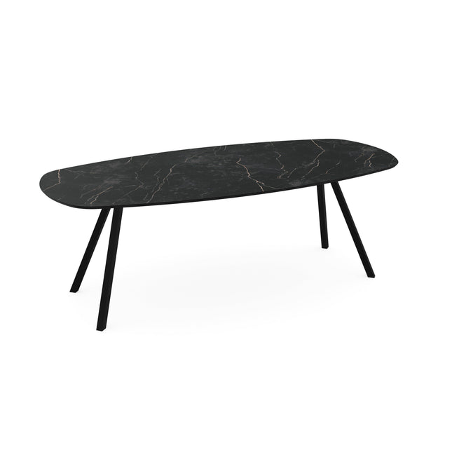 Melamin-Esstisch Marmor schwarz - dänisch oval - schräges I-Gestell