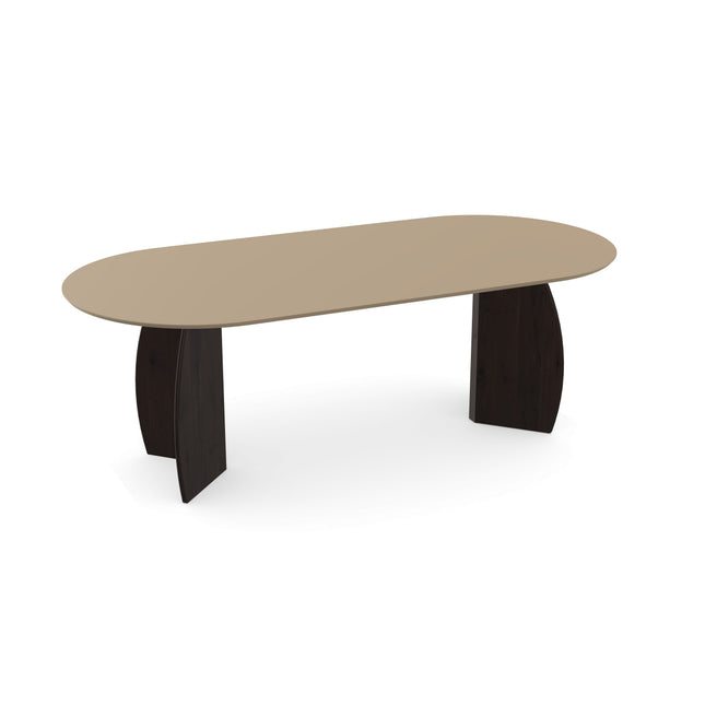 Esstisch aus dunkel ecrufarbenem Melamin - flach oval mit Walnussgestell