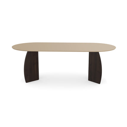 Esstisch aus dunkel ecrufarbenem Melamin - flach oval mit Walnussgestell