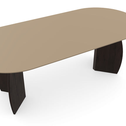Esstisch aus dunkel ecrufarbenem Melamin - flach oval mit Walnussgestell