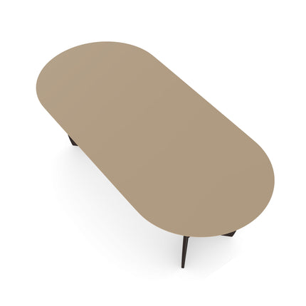 Esstisch aus dunkel ecrufarbenem Melamin - flach oval mit Walnussgestell