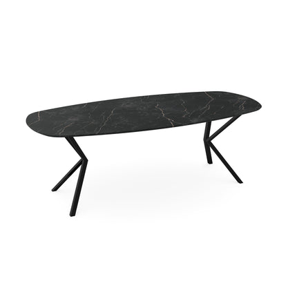 Melamin-Esstisch Marmor schwarz – dänisch oval mit schwarzem Gestell