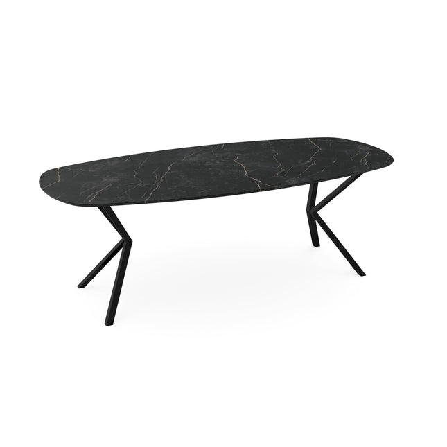 Melamin-Esstisch Marmor schwarz – dänisch oval mit schwarzem Gestell