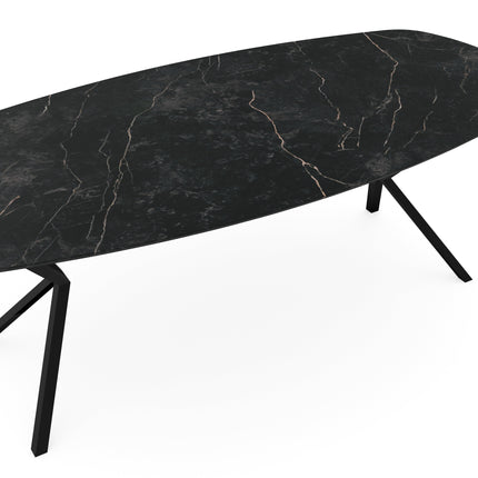 Melamin-Esstisch Marmor schwarz – dänisch oval mit schwarzem Gestell