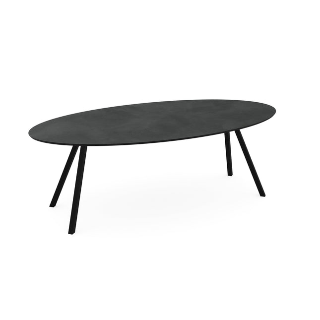 Melamin-Esstisch Betonoptik dunkel - oval - schräges I-Gestell schwarz