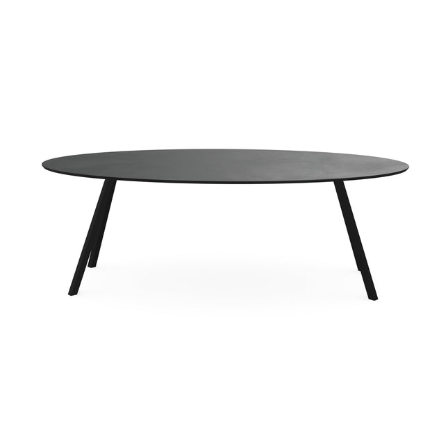 Melamin-Esstisch Betonoptik dunkel - oval - schräges I-Gestell schwarz