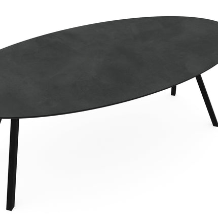 Melamin-Esstisch Betonoptik dunkel - oval - schräges I-Gestell schwarz