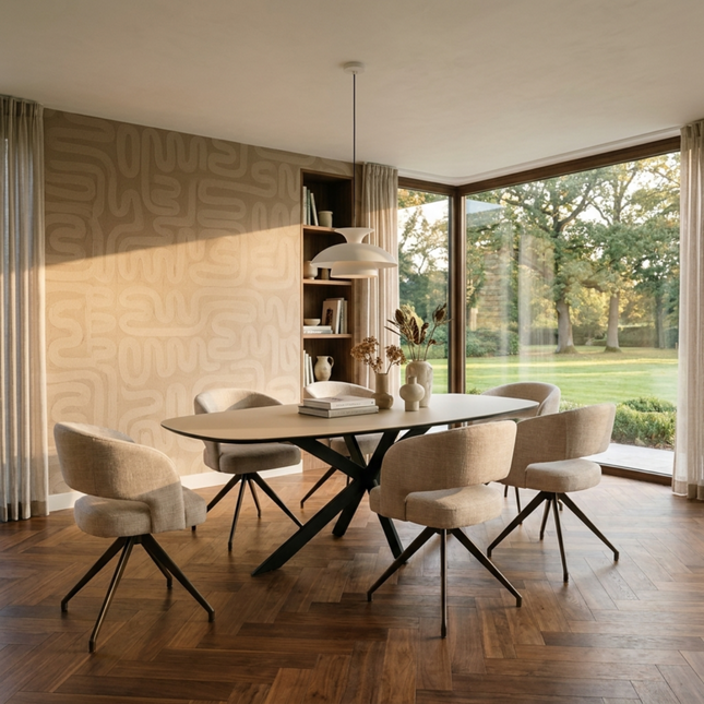 Melamin-Esstisch beige - dänisch oval mit dünnem schwarzem Gestell