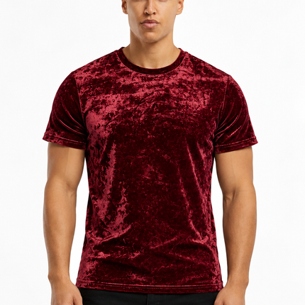 Heren Fluwelen T-shirt – Slim Fit Velvet Shirt met Ronde Hals en Korte Mouwen – Zacht, Ademend & Casual – Zwart, Rood en Blauw