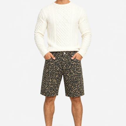 Heren Denim Bermuda Shorts met Luipaardprint – Vintage Streetwear Korte Broek